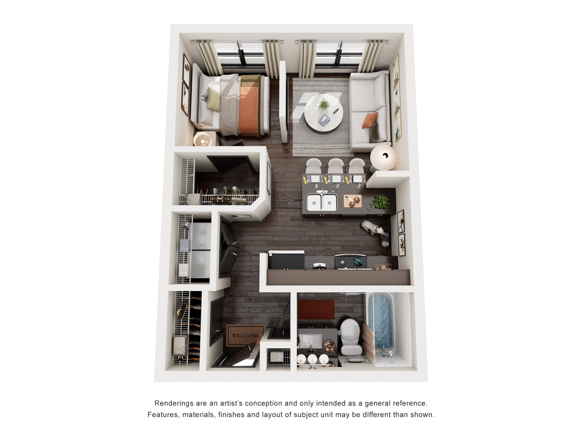 Floor plan for studio, 1 bath, 590 sqft